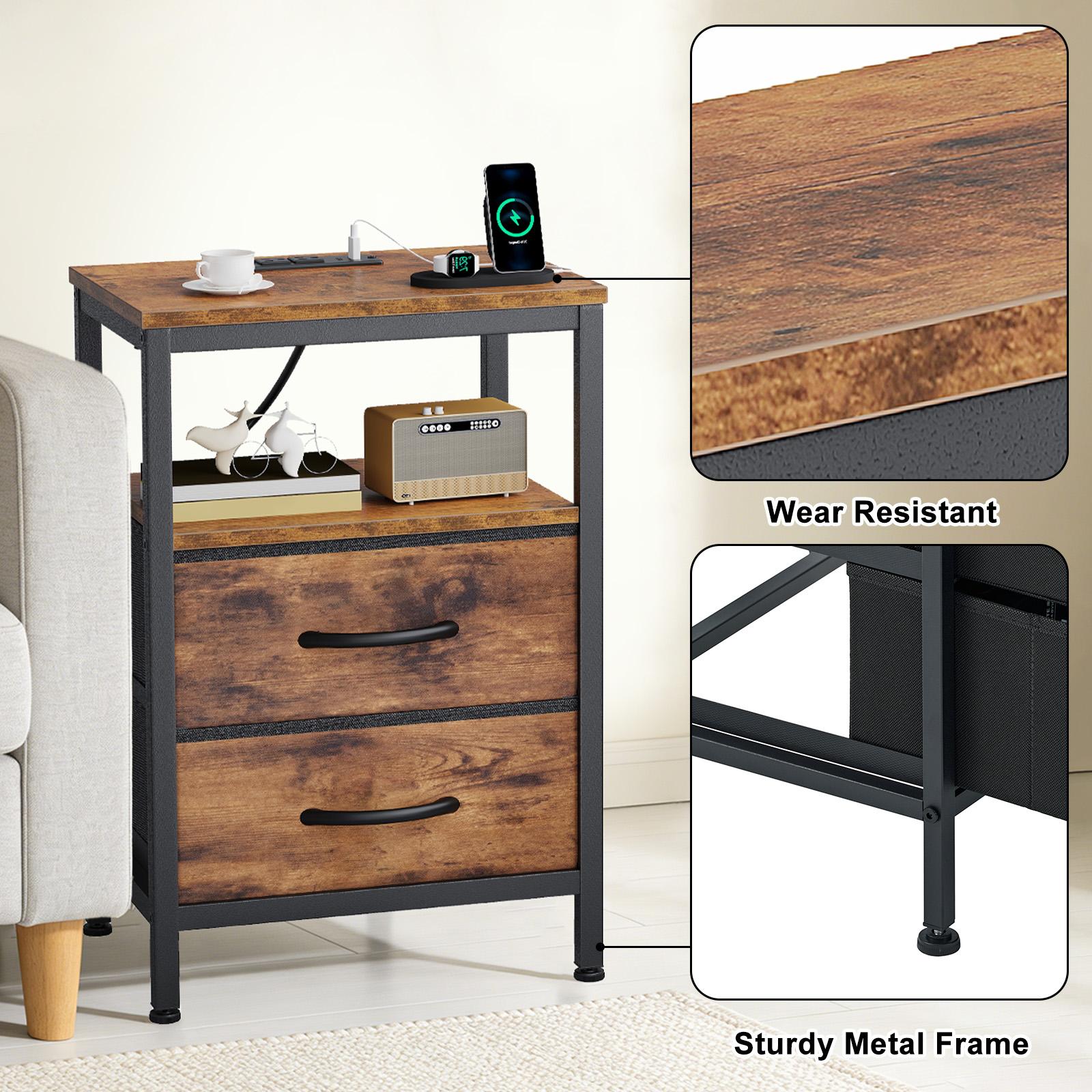 Fast Charging Bedside Table with 2 Fabric Drawers - Multi-Function Adjustable Storage Nightstand, 66 lb Load Capacity, Portable Side Table for Bedroom & Small Spaces