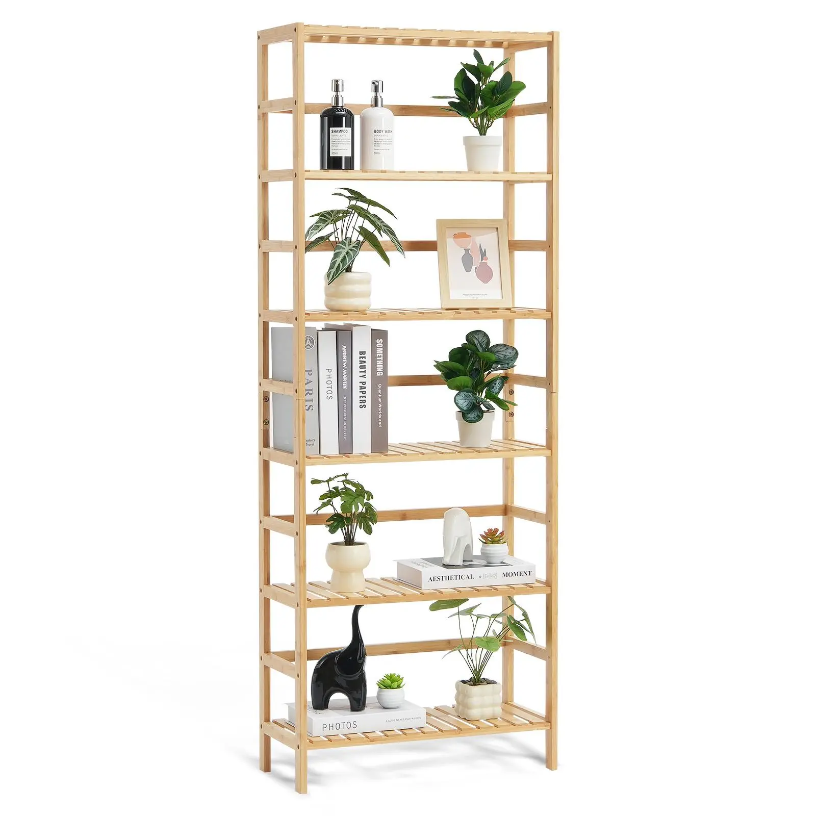 【SummerFinds】VEVOR 6-Tier Bamboo Shelf,  , Open Wood Bookshelf, Display Storage Rack Organizer, Freestanding Flower Plant Stand, Multifunctional Bamboo Bookshelf Ideal for Bathroom, Bedroom, Office, Study, Natural