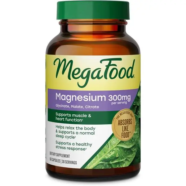 MegaFood Triple Magnesium Complex Dietary Supplement (Glycinate, Citrate, Malate) 300mg, GMP-Assured Healthcare Support, Heart, Bone, Nerve, Muscle Support, Sleep Aid with Real Spinach, 60 Capsules (30 Servings) for Adults