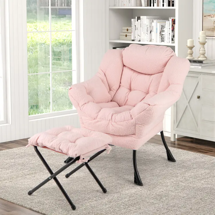 Costway Lazy Chair with Ottoman, Accent Sofa Chair with Folding Footrest, Side Storage Pocket, Upholstered Leisure Lounge Armchair with Stool for Bedroom, Living Room, Office, Christmas Festival Gift Black Friday Cyber Monday