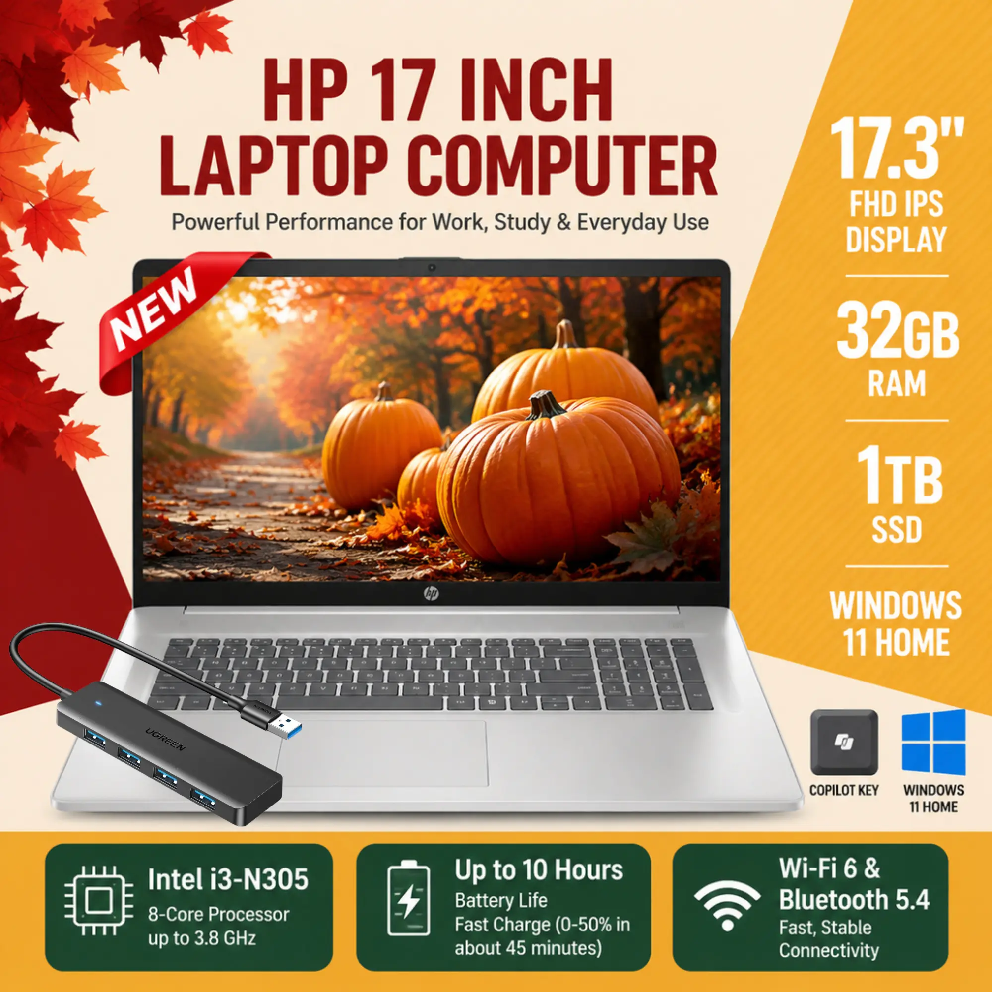 HP 17.3" FHD IPS Screen Full HD Laptops, 8-Core Intel i3-N305, Up to 32GB RAM, 1TB SSD, Windows 11 Home, Fast Charge, WiFi 6, Bluetooth 5.4, HD Webcam, Built-in Li-ion, D1523, Bundle Accessories Included, for Students & Business