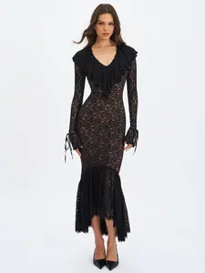 Parisa Black Lace Ruffled Mermaid Maxi Dress