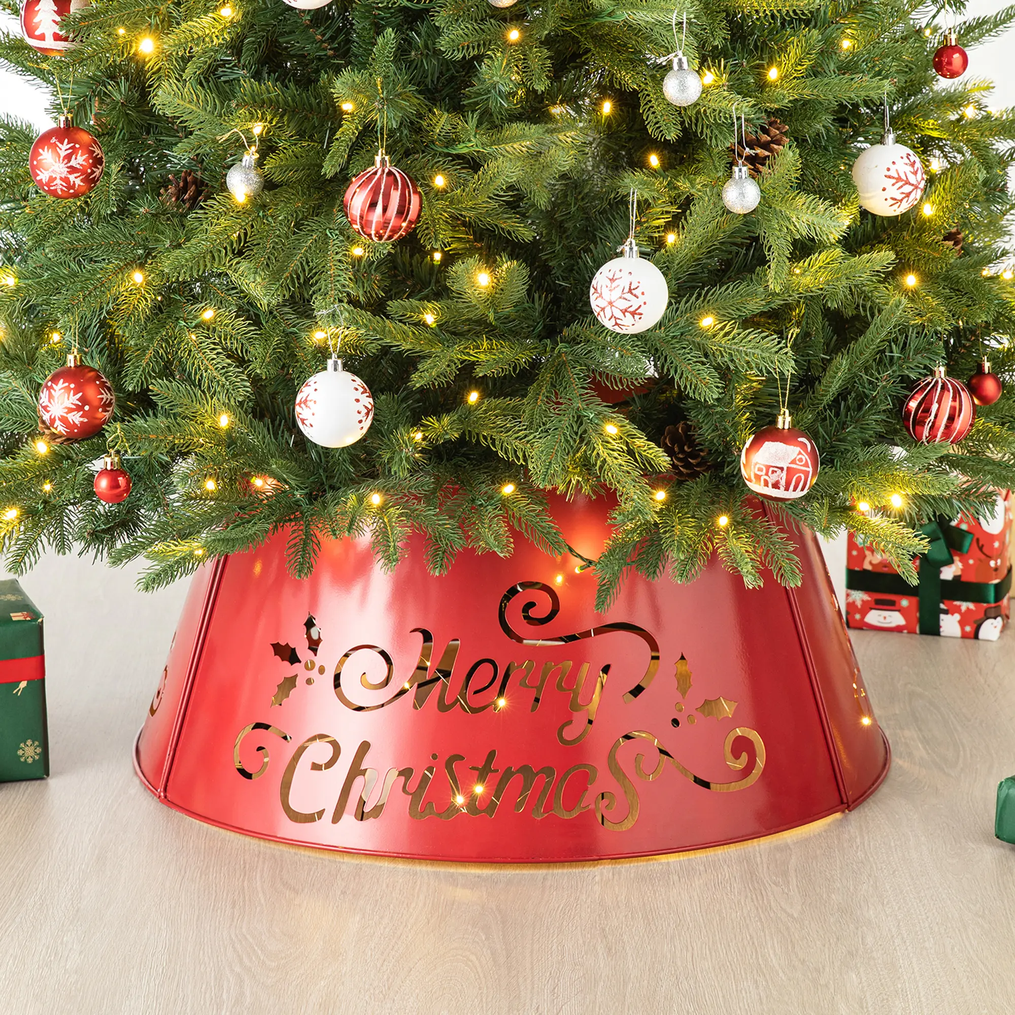 Glitzhome 26-in Diecut Metal Christmas Tree Collar with "Merry Christmas" Design & Light String (KD), Festive Decoration for Home Decor