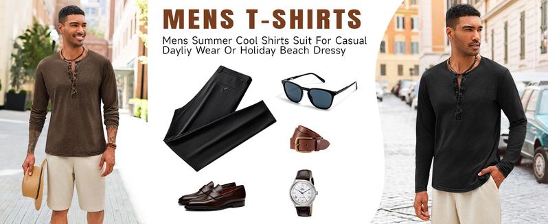 PASLTER Mens Distressed Henley Shirts Retro Long Sleeve Tee Shirts Casual Button Down Washed T-Shirts for Men