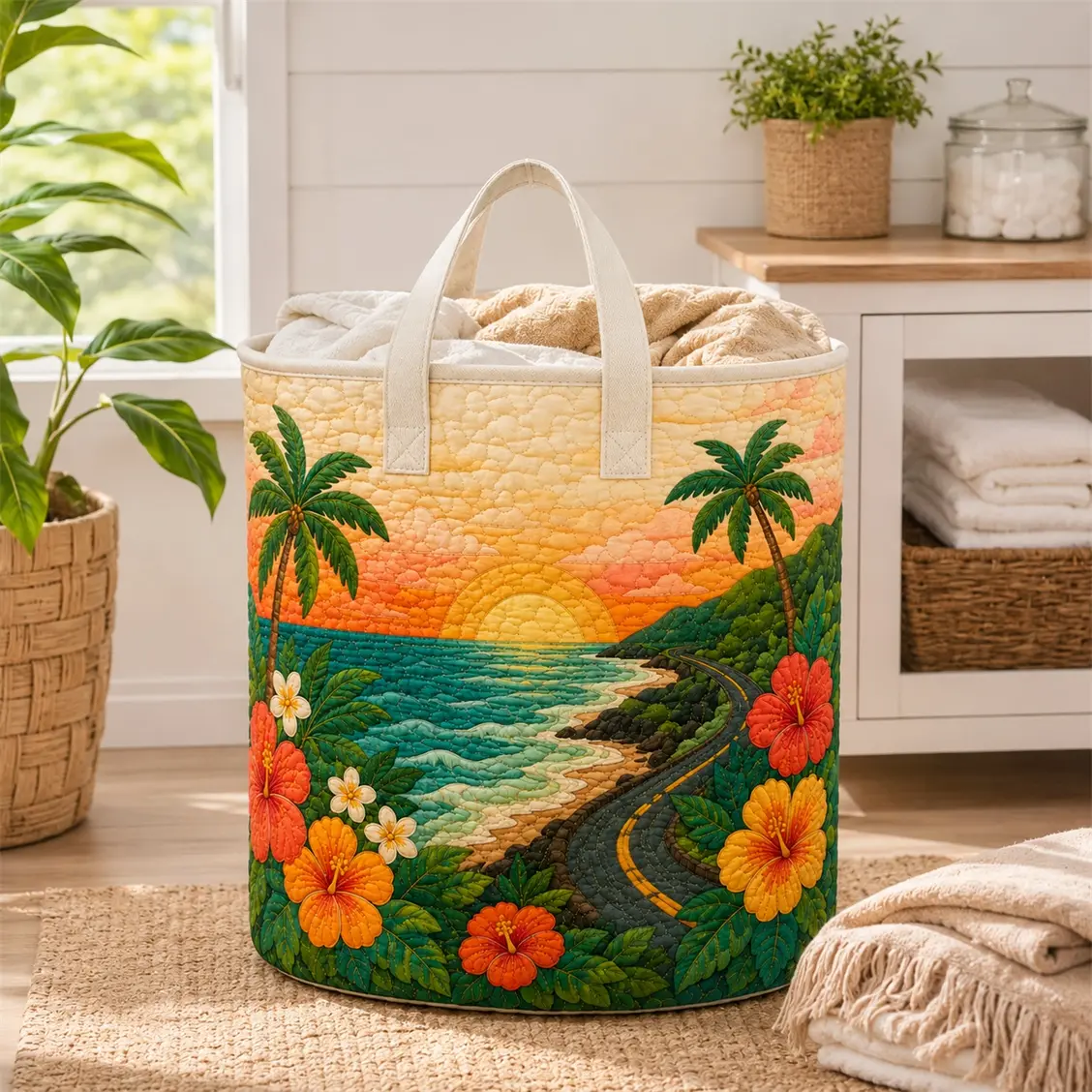 Tropical Laundry Basket with Handles, Large Quilted Storage Basket for Clothes, Blankets & Toys, Beach Coastal Hamper Organizer for Bedroom, Bathroom, Nursery, Dorm & Laundry Room Decor