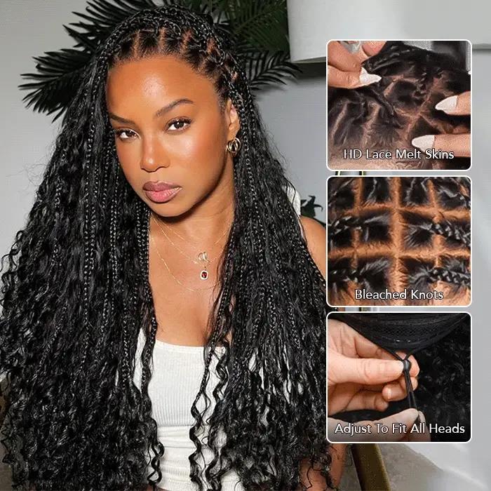 13x6 Boho Curls Braided Wigs Human Hair Pull Go Drawstring Cap HD Full Lace Frontal Wig Knotless Pre Cut Lace