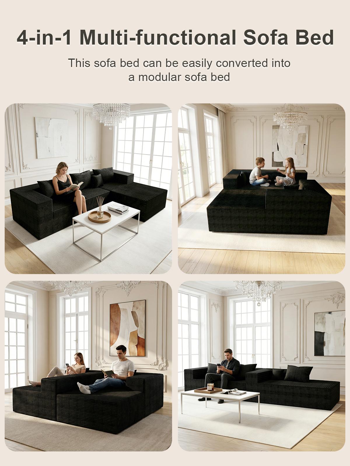 Compressed Sofa, 105.9-inch Modular Sectional Sofa, Extra Large L-shaped Corner Sofa, Deep Seat Design, Frameless Sofa, Chaise Lounge, Sofa Bed, Suitable for Living Room and Bedroom - No Assembly Required, Black