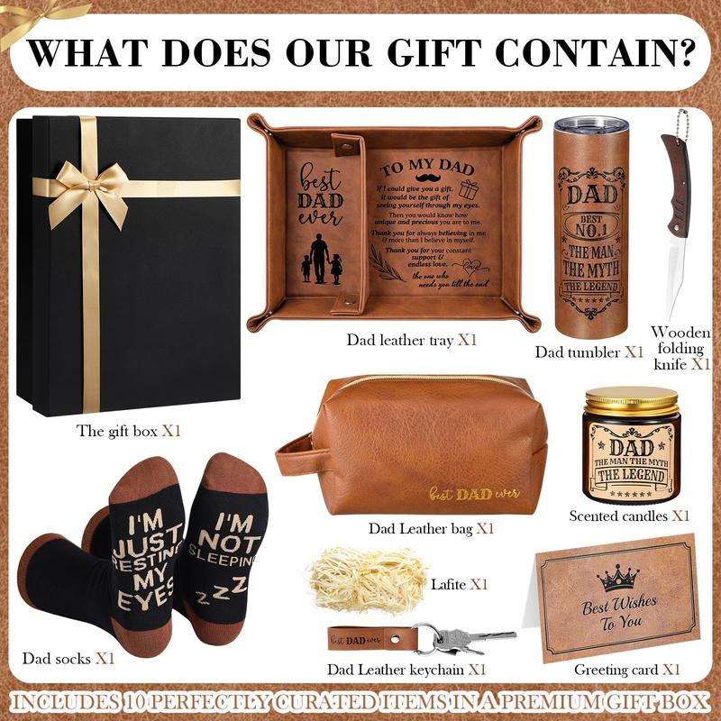 10 Pcs Valentine Gift for Men Dad Gift Set with Leather Tray Tumbler Toiletry Travel Bag Sock Scented Candle Wood Knife, Leather Gift Box From Son Daughter Wife for Father's Day Holiday Anniversary Birthday