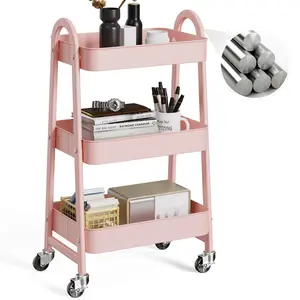 3 Tier Metal Storage Utility Cart with Wheels - Kitchen Storage Trolley, Rolling Bathroom, Casters for Narrow Spaces, Ideal for Bedside Use