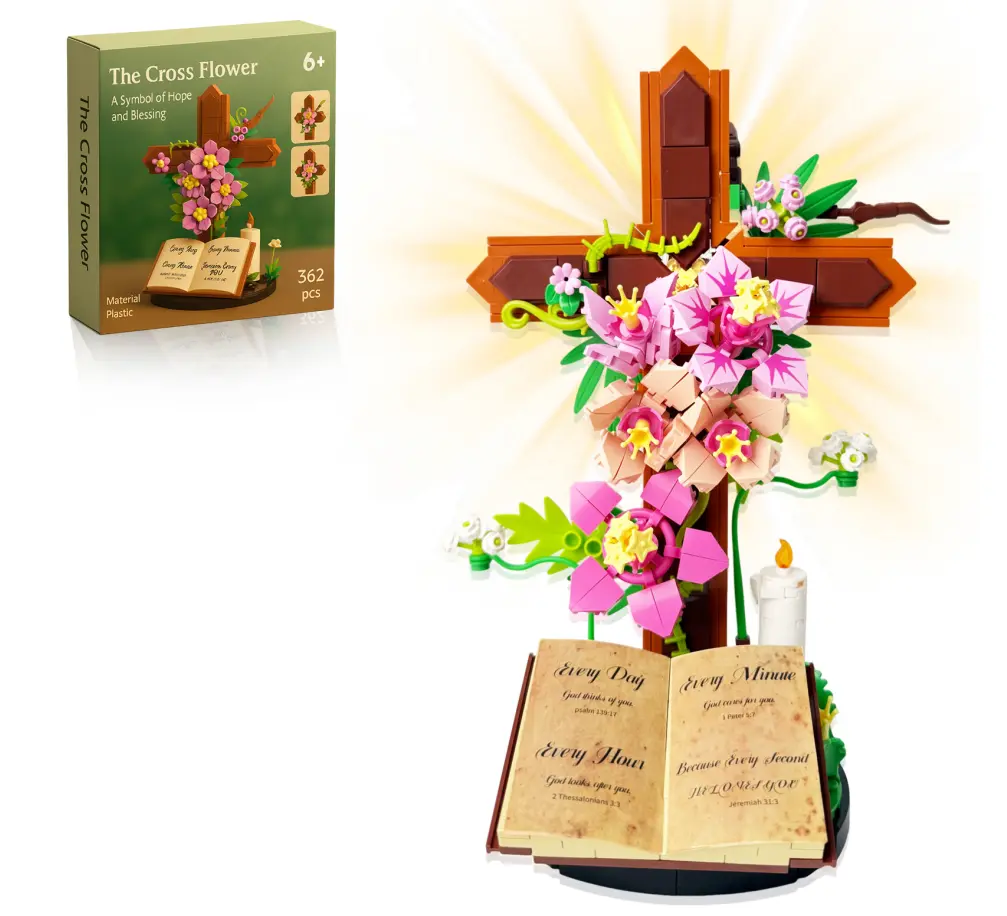 Cross Flower Building Set for, Christian Floral Brick Model for Home Decor, Religious Home Desk Decor, Christian Gift for Easter, Inspirational Prayer Room Decor