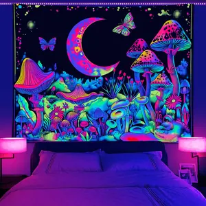 Mushroom & Moon & Butterfly Pattern Tapestry, UV Reactive Fluorescent Durable Decorative Tapestry, Neon Light Effect Wall Hanging Blanket for Home, Multicolor Decoration Items, Home GoodsTapestry Decor
