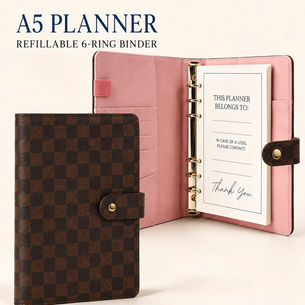 A5 Refillable Planner Binder with 80 Grid Pages, Aesthetic Checkered PU Leather 6-Ring Notebook with Card Slots, Pen Loop and Snap Closure, Undated Agenda, Budget Journal and Personal Organizer for College, Office, Travel and Halloween Gifts for Teens