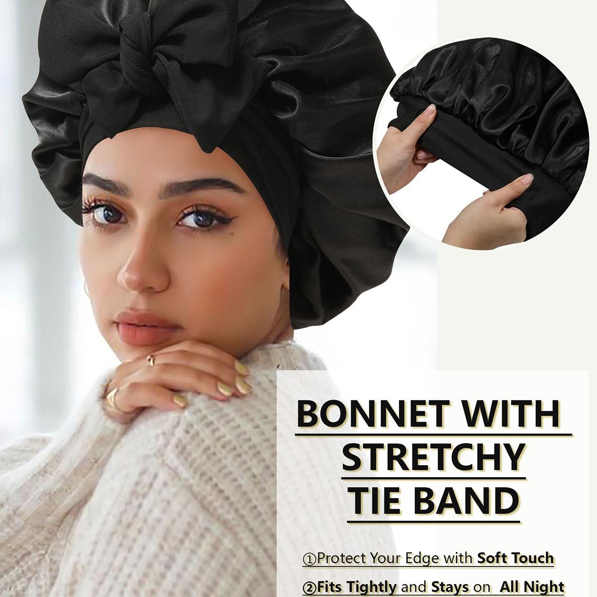 Large Satin Bonnet Silk Feeling Bonnet for Sleeping Women Curly Hair Bonnet with Elastic Tie Band Reversible Double Layer Bonnet Sleep Cap Hair Wrap TikTokShopBlackFriday