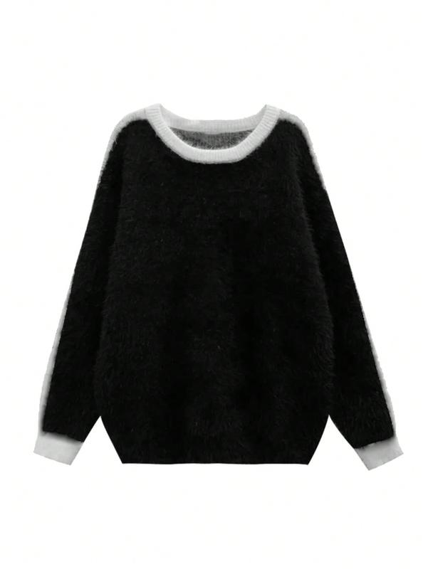 Sweaters for men - Men Loose Fit Contrast Knit Sweater Long Sleeve Crewneck for Fall Winter vacation clothes t shirts for men vintage clothing winter outfits y2k clothing sweater male clothes vacation outfit going out outfit y2k clothes outfits sweaters