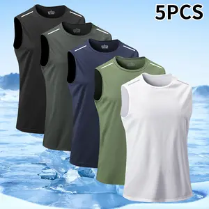 Set of 5 men’s sleeveless tank tops with a casual crew neck, perfect for spring and summer vacations and casual gatherings during holidays.