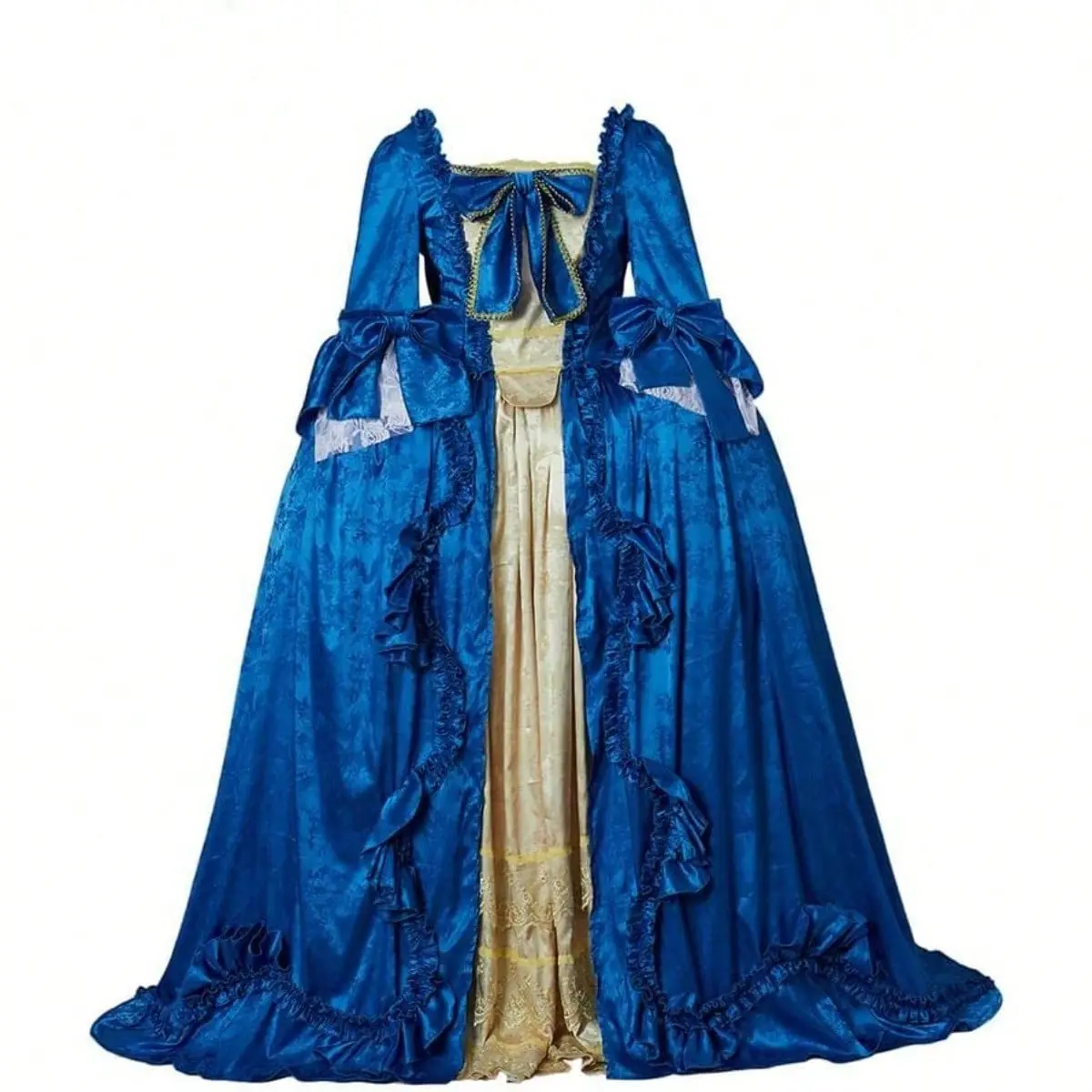 Women's Classic 18th-Century Victorian Court Clothes - Marie Antoinette Style, Elegant Fitted Baroque Metallic Blue Silver Polyester Floor-Length Layered Ball Gown, Breathable, Formal Wear for Baroque Balls, 2XL, XXXL