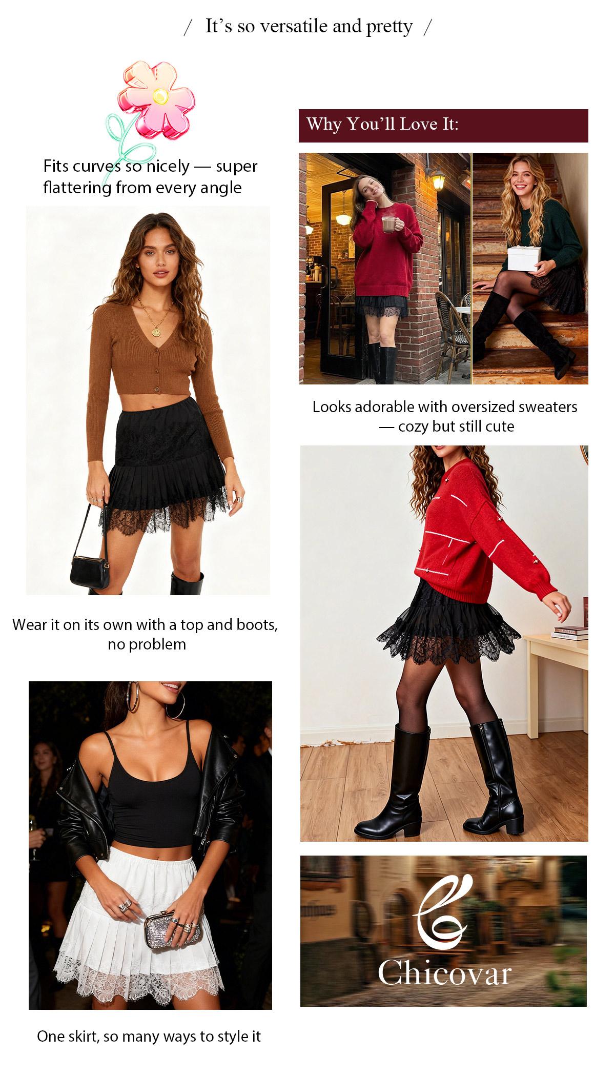 Chicovar Women's Lace Mini Skirts Casual Stretchy Waist Solid Color Loose Fit Pleated Skirts Summer A-line Skirts Perfect for Fall Layering, Easter Dress, Holidays, Vintage look, NO Shorts