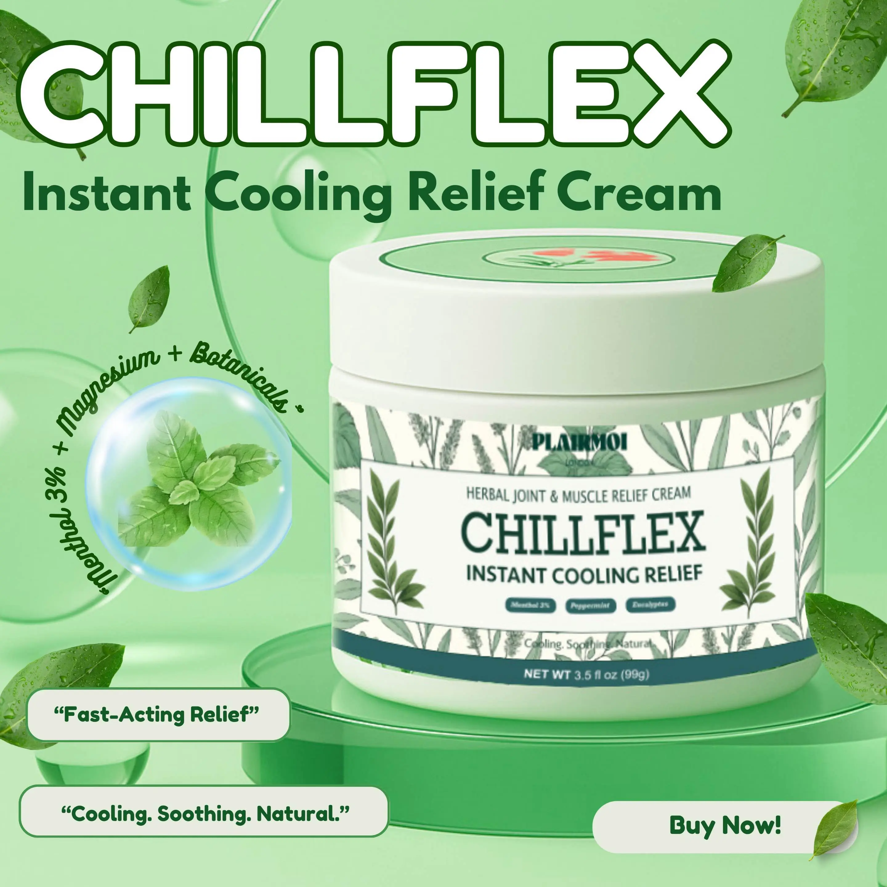 PLAIRMOI CHILLFLEX Pain Relief Balm 100g – 3% Menthol Cooling Ointment for Sore Muscles, Joint Pain & Tension Headaches – Bálsamo Calmante con 3% de Mentol para Dolor Muscular, Articular y Jaquecas