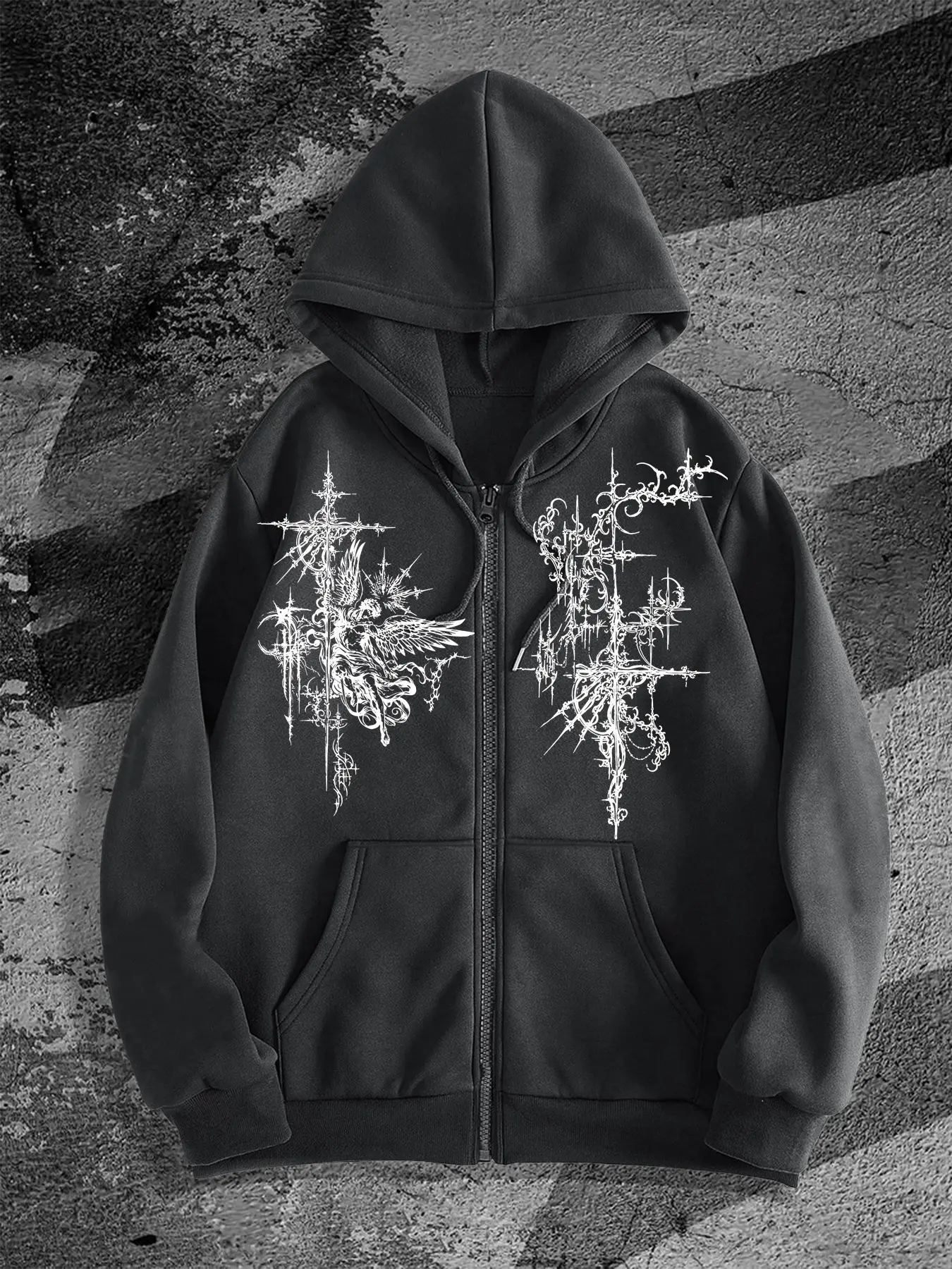 Dark Gothic Thorn Abstract Print Zipper Hoodie, Sweatshirts, High Street Subculture Loose Fit Unisex Jacket, Fall & Winter Street Style