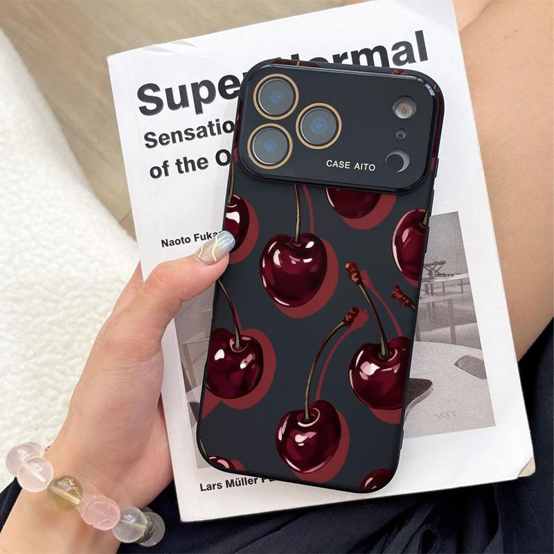 Low-Saturation Retro Red Cherry Pattern Dopamine Ins Style Solid Color Phone Case Ultra Skin Friendly Touch All Inclusive Lens Compatible with Apple iPhone 17 Air 16 15 14 13 12 Por Max