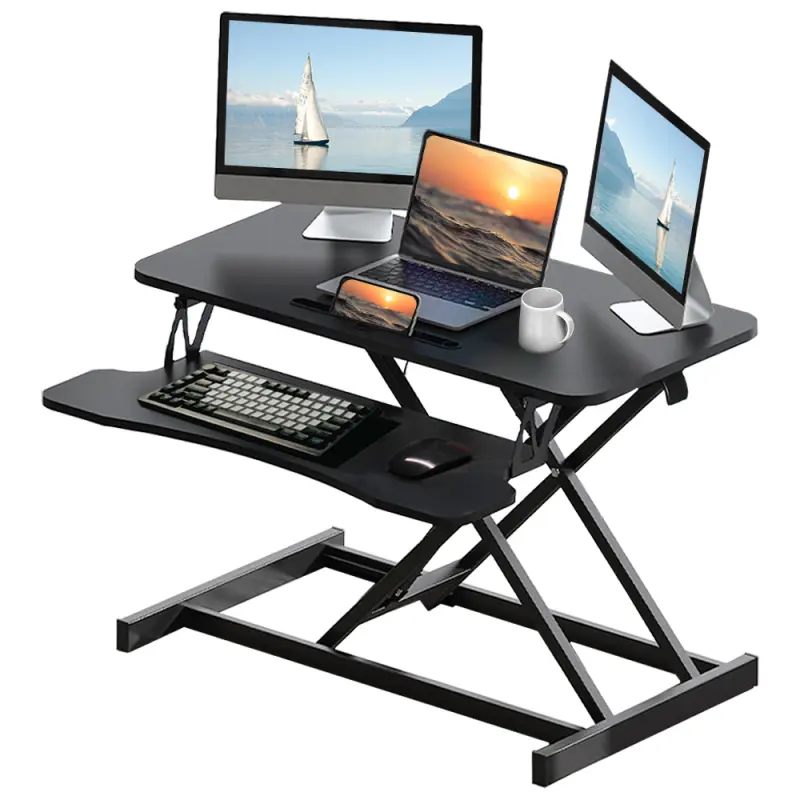 32-Inch Rectangular Top Modern Metal Frame Sit-to-Stand Computer Desk Converter, Foldable Height-Adjustable Riser with Wide Keyboard Tray, 30 lbs Capacity for WFH Life/WFH Hacks Setup Gift (Black)
