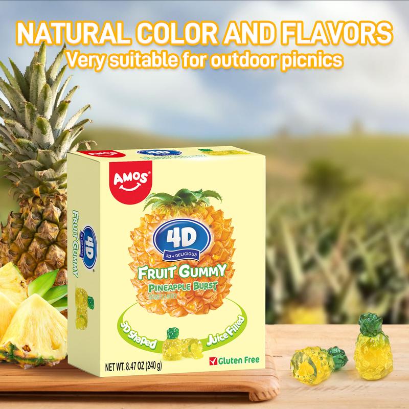 AMOS 4D Fruit Gummy - New Lemon Explosion 240g Bulk Pack Juicy Peach Strawberry Grape Pineapple Lemon Chewy Sweet Candy Fruit Snack Gluten Free Real Juice - Candy