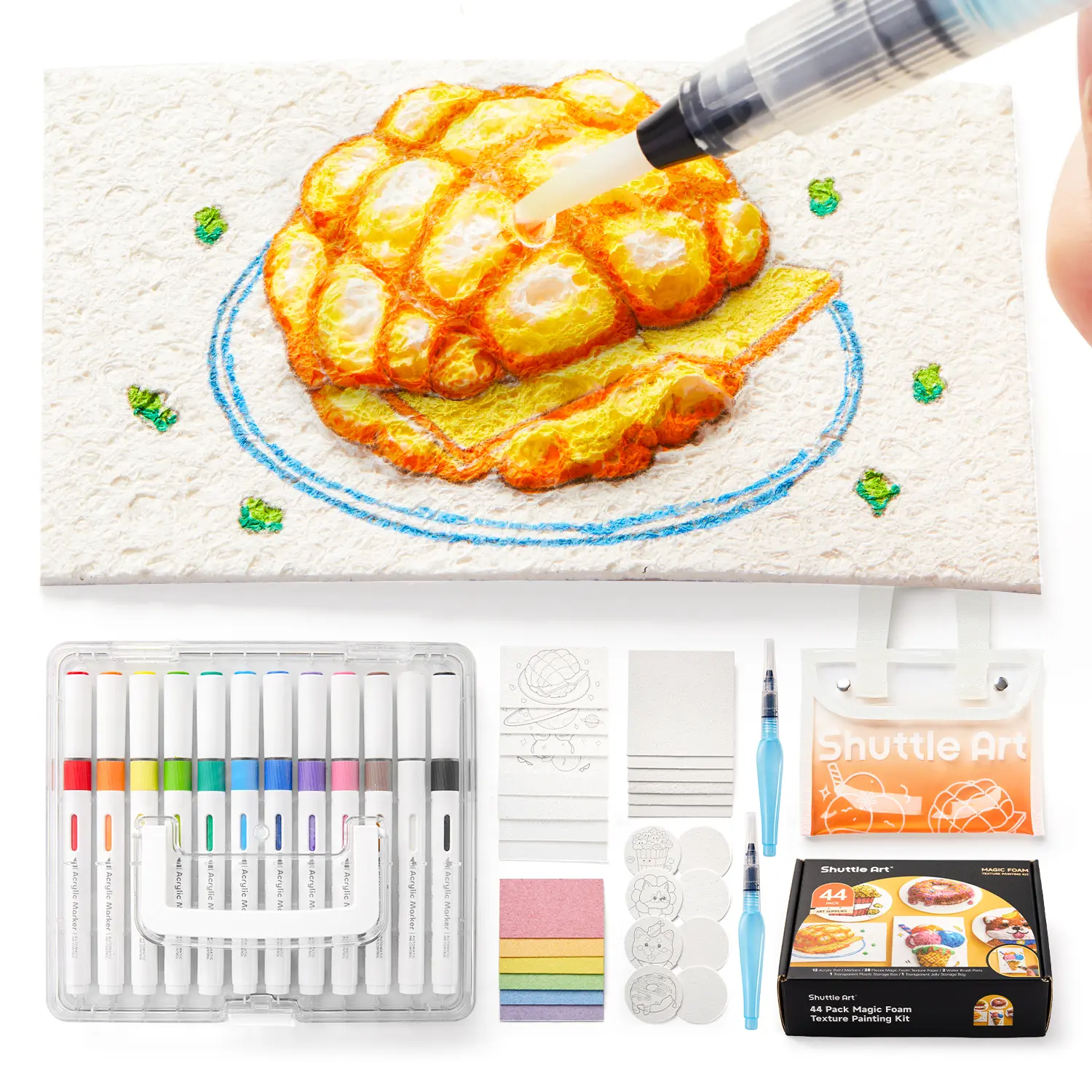 44 Pcs Magic Foam Texture Painting Kit, Including 28 Pcs Foam Texture Paper, 12 Colors Brush Tip Automatic Ink Control Acrylic Paint Markers, Magical 3D Effect Painting Kit for DIY Arts,toys, toy,Crafts,gift, Handcraft, Handicraft