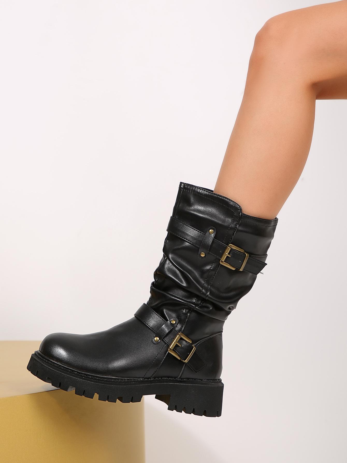 Women's Double Buckle Ruched Ankle Boots, Stylish Y2K Moto Winter Shoe, Womensfashion PU Leather Boots for Women, Low Heel Walking Footwear, Perfect Valentine's Day Gift Women's Double Buckle Ruched Ankle Boots, Stylish Y2K Moto Winter Shoe, Womensfashion PU Leather Boots for Women, Low Heel Walking Footwear, Perfect Valentine's Day Gift