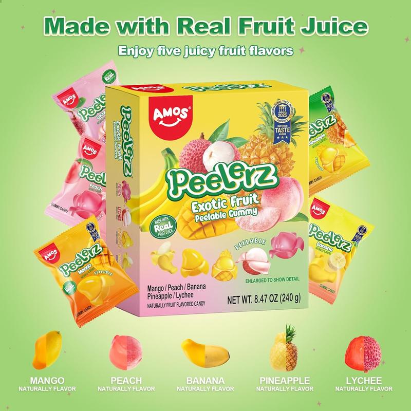FLASH SALE - AMOS Peelerz Exotic Fruit Peelable Gummy Candy – 5 Fruit Flavors (Mango, Peach, Banana, Pineapple, Lychee), 8.47oz (240g), Individually Wrapped