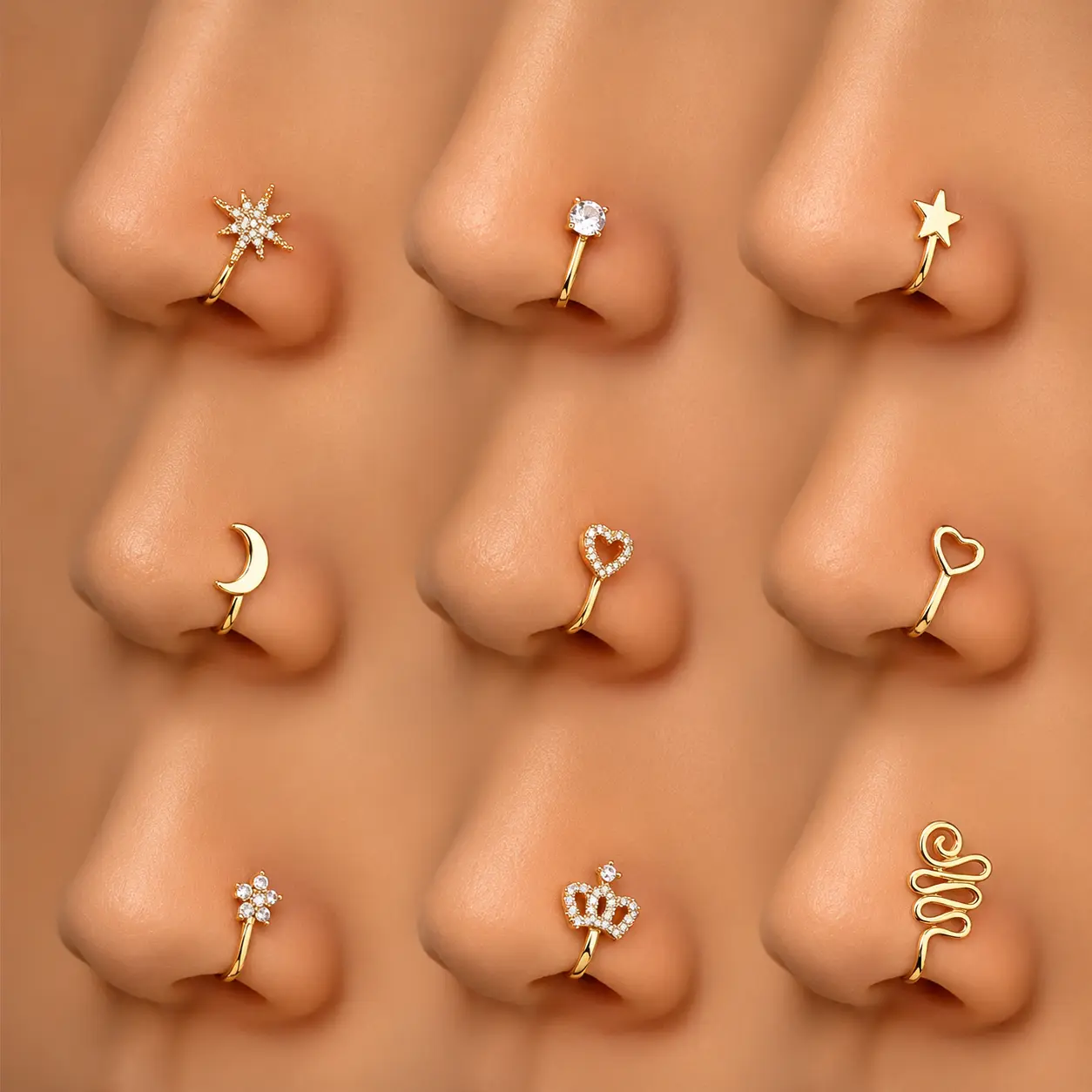 9pcs Nose Ring Jewelry Shape Nose Ring  Copper Non Piercing Nose Rings, U Shape Star Love Crown Nose Clip with Zirconia shape nose nose ring nose ring Punk Rhinestone Clip-On Gold gold  nose protection bracelet cross  septum Stainless Steel Charm summerwi