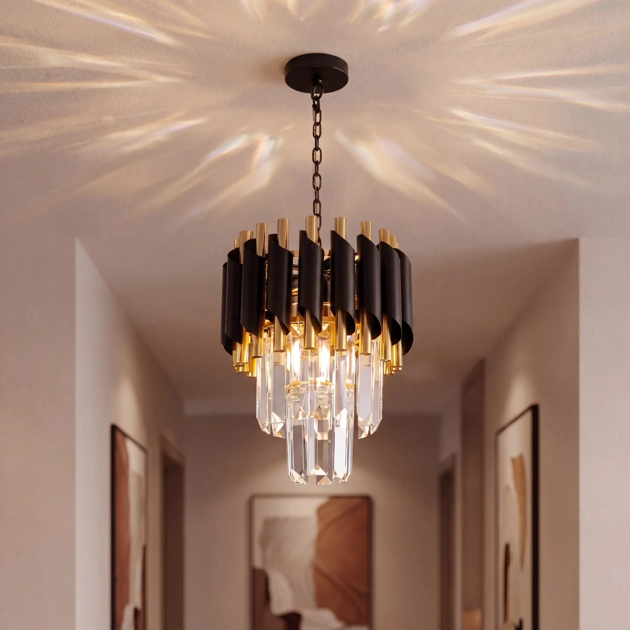 Modern Black and Gold Crystal Mini Chandelier, Tri Color Dimmable Adjustable Pendant Light Fixture, E27 Base Ceiling Light Home Lighting for Hallway Foyer Staircase Dining Room Kitchen Island Closet Balcony, Adjustable Lights, Bulbs Not Included