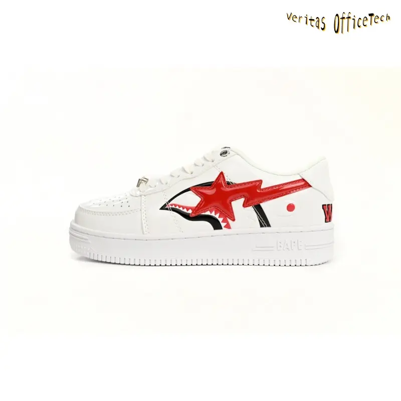 White Base Red Shark Print Smooth Glossy Genuine Leather Low Top Star Graphic Skate Sneakers Printed Streetwear Trainers for Urban Daily Outfits