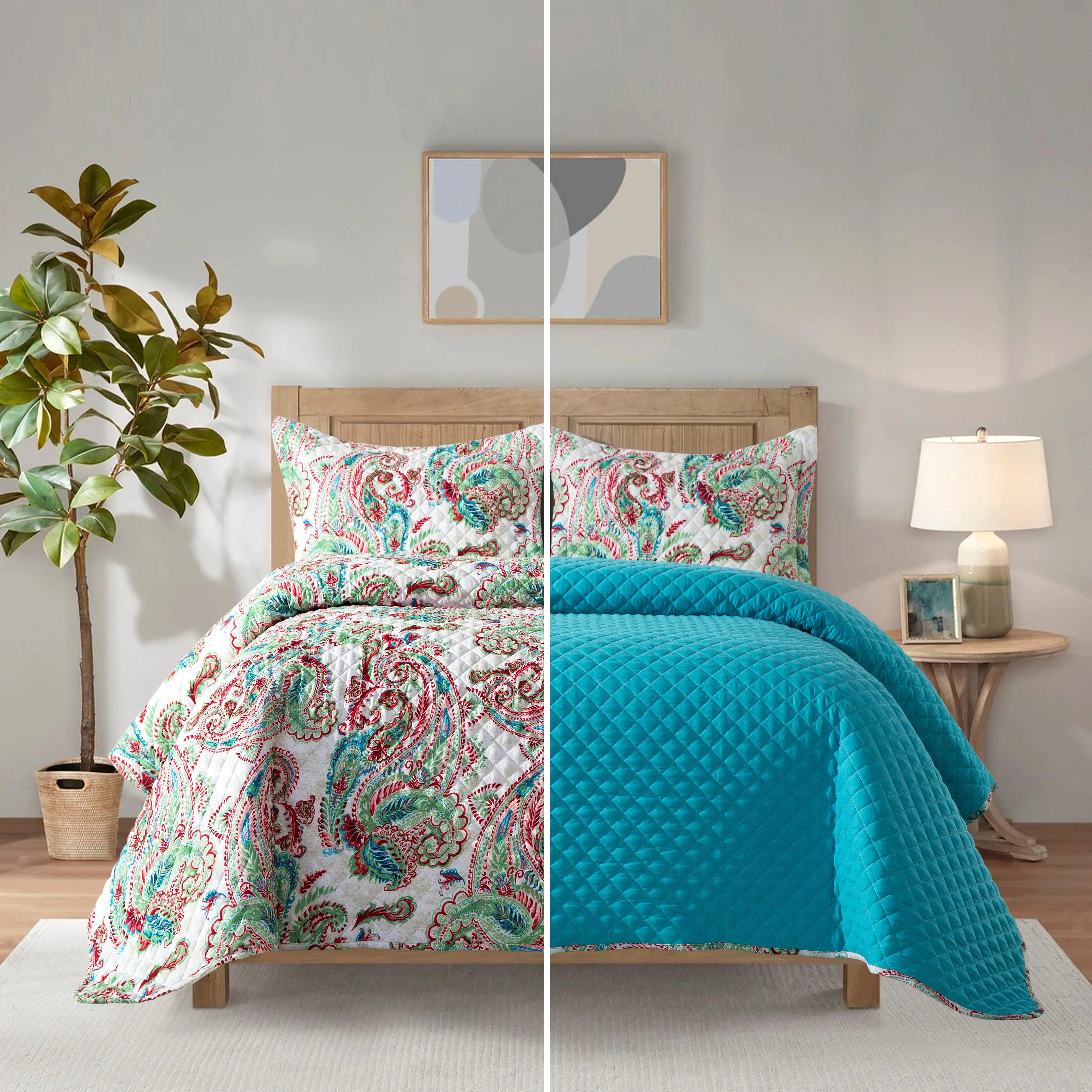 Elegant Comfort 3-Piece Paisley Quilted Reversible Coverlet Set - Boho Floral Lightweight All-Season Design with 2 Pillow Shams
