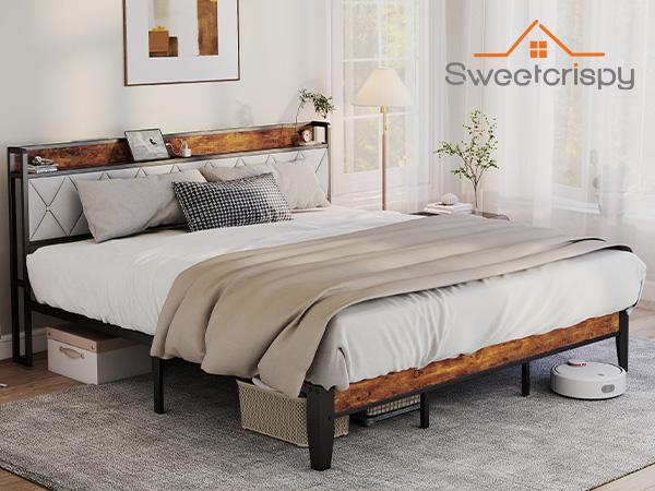 Full Bed Frame with Headboard, Underbed Storage, Built-in Charging Ports, Sturdy Noiseless Design, Tool-Free Assembly, No Box Spring Needed