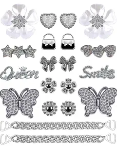 Designer Bling Shoe Charms Set with Silver Chains, Bling Butterflies, Flowers, and QUEEN SMILE Letters for Women Girls, Perfect for Birthday Gifts Party Favors