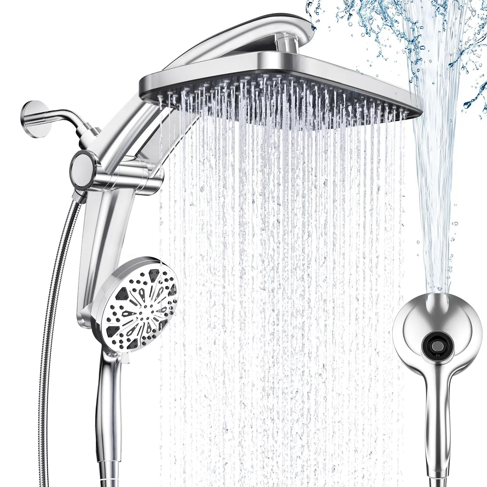 Dock Free Dual Rain Shower Head Combo | 3 Step Install | 12" High Pressure Rainfall Showerhead | 8 Sprays 1 Power Jets Settings Handheld | 59" Hose | Magnetic Snap to Dock | Adjustable Height/Angle | Shower Heads |Luxury Showers | bathroom essentials