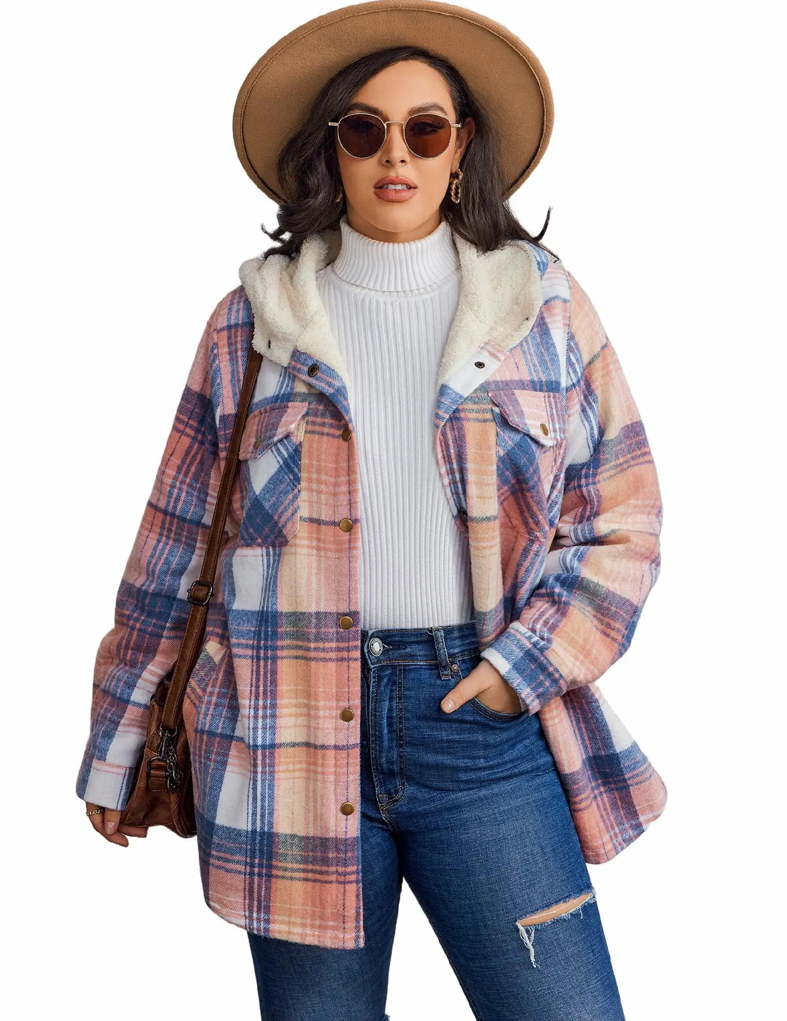 Plaid Hooded Shacket for Women Plus Size, Casual Baggy Long Sleeve Flannel Button-Down with Warm Fleece Core for Holiday, Fabric, Oversize, Basic, Coat, Tops, Outdoor, Loose-Fit, Comfortable, Hooded Neck, Medium Length, Plus Size Clothes, Plaid Print