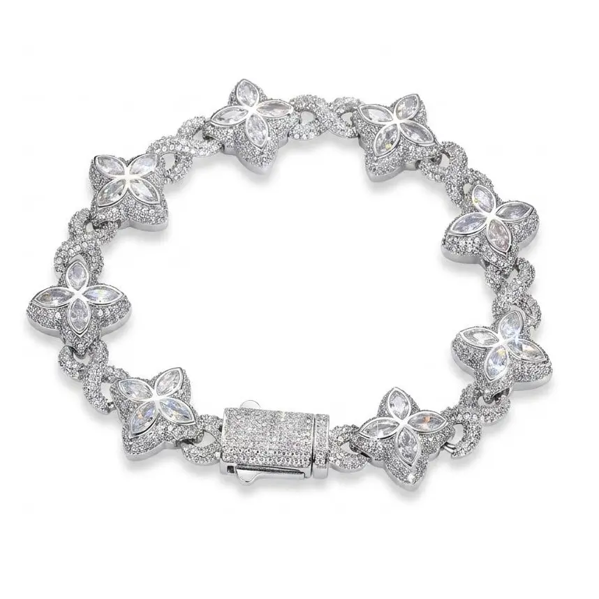 ZIIYONG Iced Out Floral Link Bracelet men , Sterling Silver Cubic Zirconia Statement   sister gift   fashion jewelry campingessentials