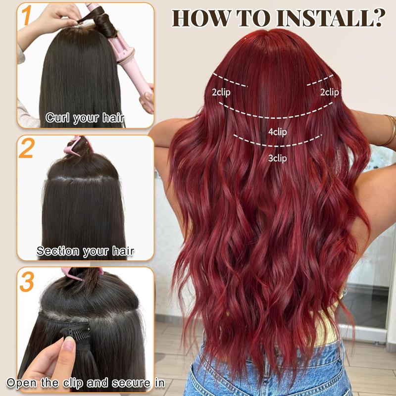 Clip in Long Wavy Synthetic Hair Extension 20 Inch Red 4PCS Thick Hairpieces Fiber Double Weft Hair for Women instant volume