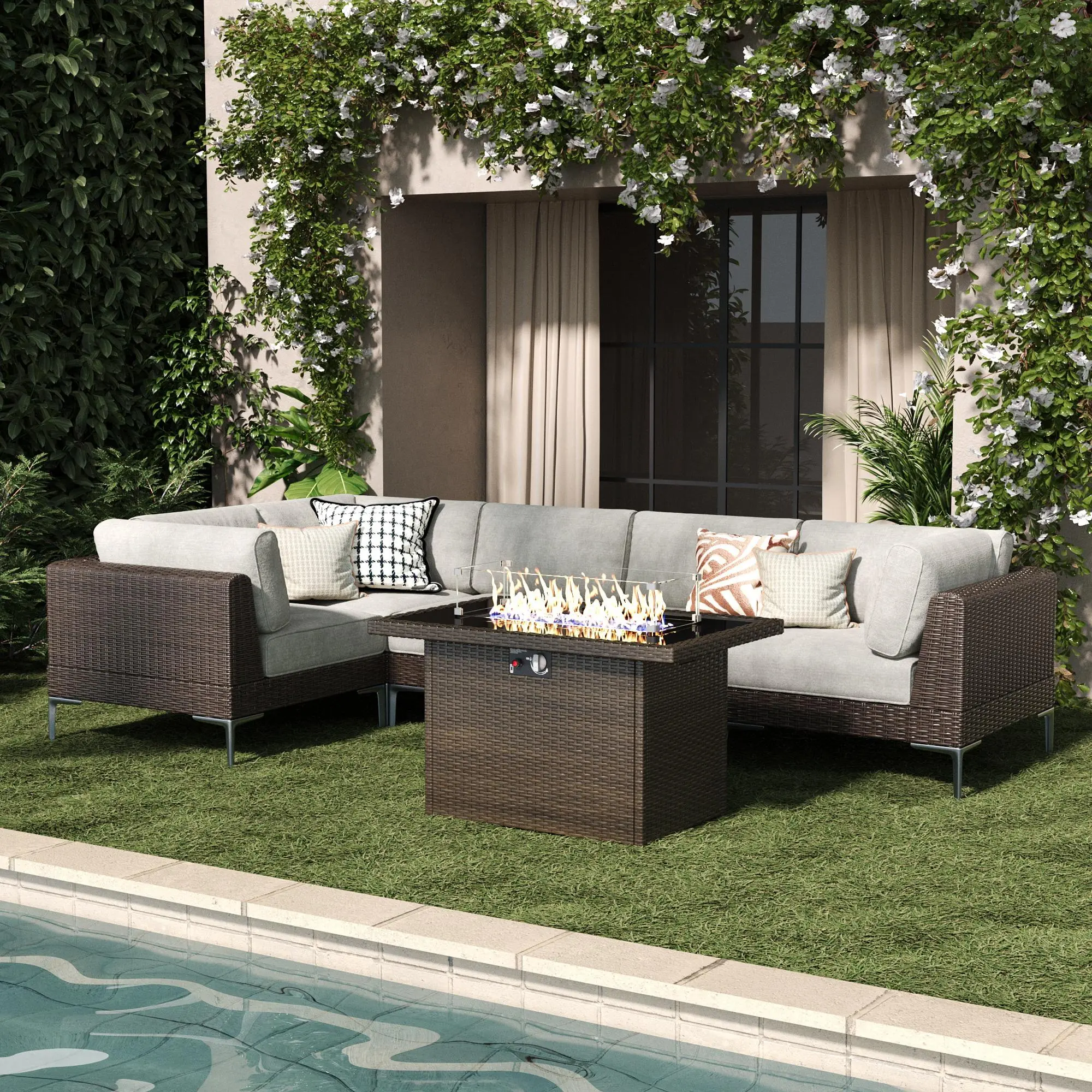 LayinSun 6-Piece Outdoor Modular Wicker Sectional Sofa with Fire Pit Table, Patio Furniture Conversation Set with Deep Seating and Thick Cushions, Multiple Packages