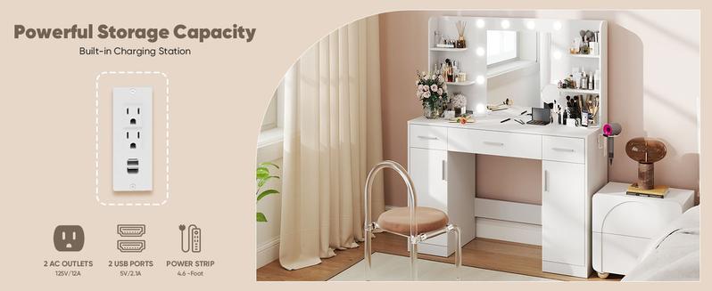 Vanity Desk with Adjustable Lighten Mirror & Power Outlet, Makeup Desk for Bedroom with a Storage Stool and 3 Drawers, 6 Storage Shelves, White Dresser for Girls