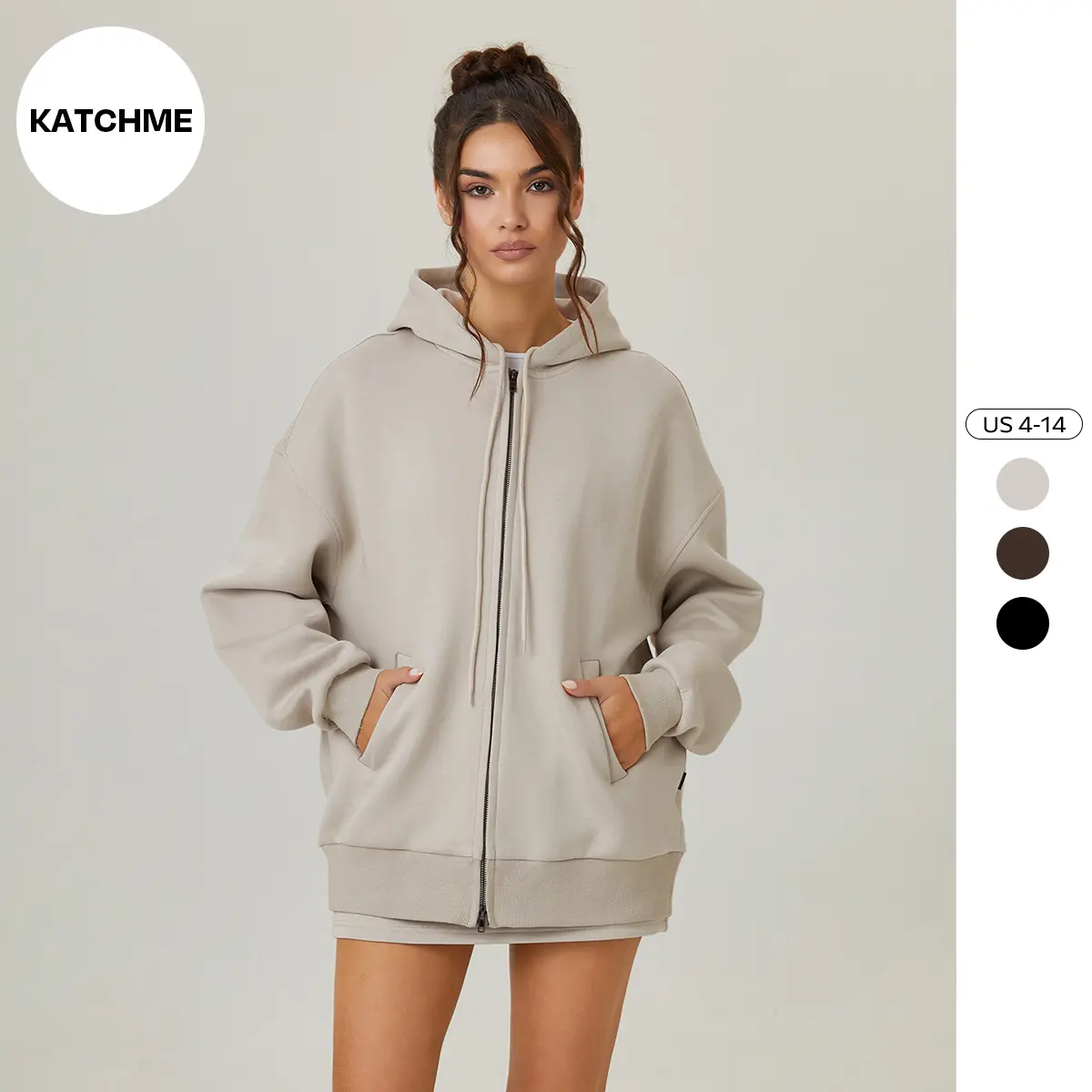 KatchMe Women's Versatile Solid Color Long Sleeve Double Zipper Hoodie Two Piece Outfits, High Waist Mini Skirt with Lined, Drawstring Waist Wide Leg Trousers