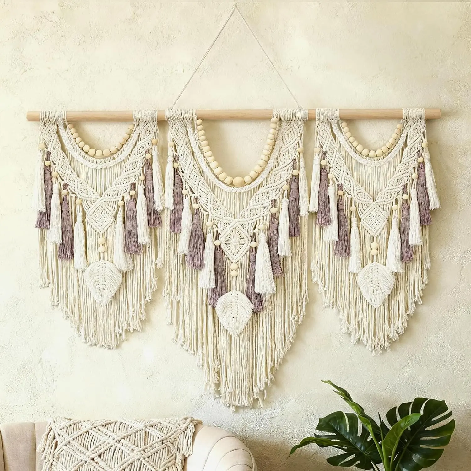 43'' Large Boho Tassel Cotton Tapestry | Macrame & Beaded Wall Hanging for Living Room Bedroom Nursery Decor