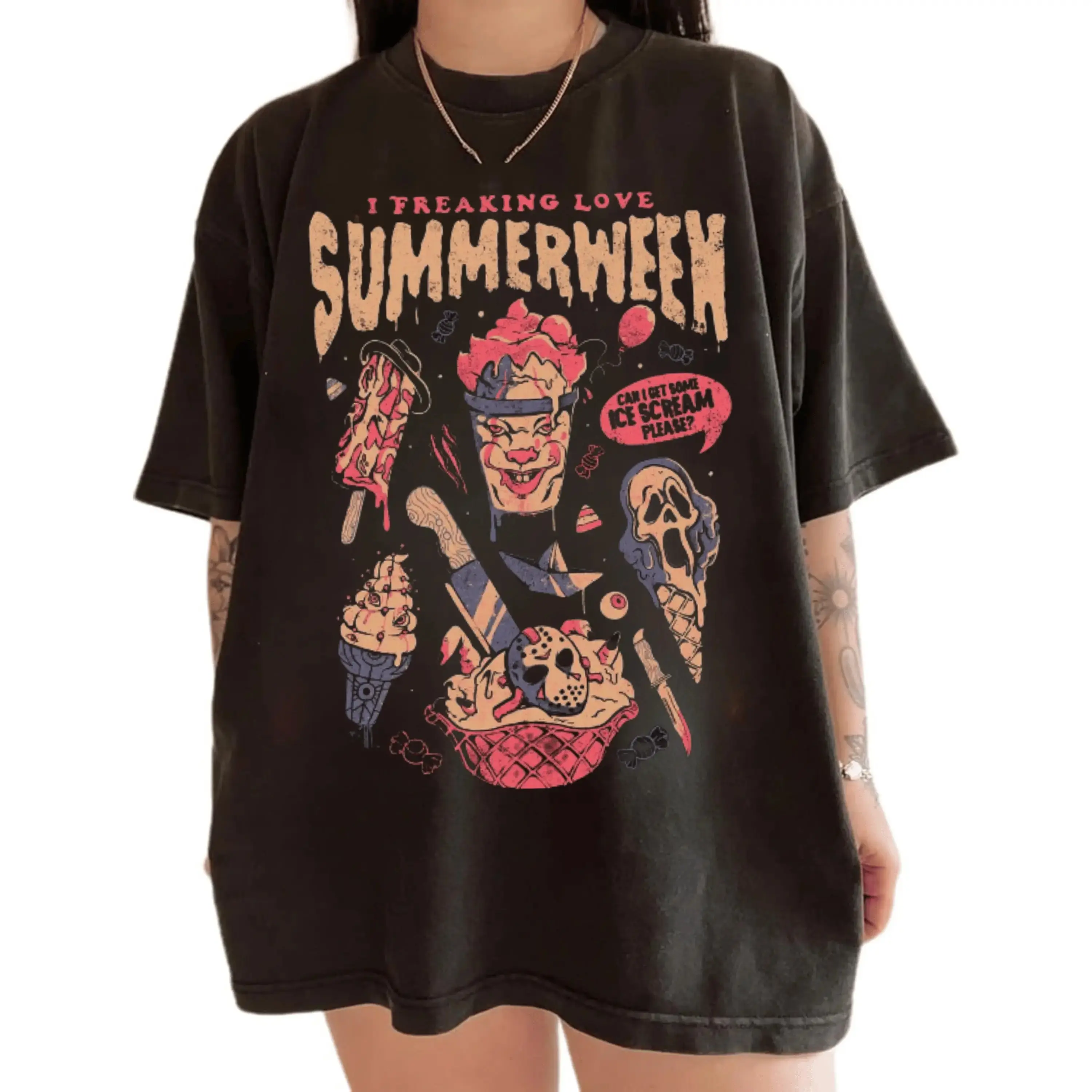Summerween Horror Ice Cream Clown Ghost Graphic T‑Shirt, Spooky Summer Halloween Tee, Retro Gothic Apparel, Unisex Cotton Shirt Gift For Horror Movie Fans Men Women LK00157TD