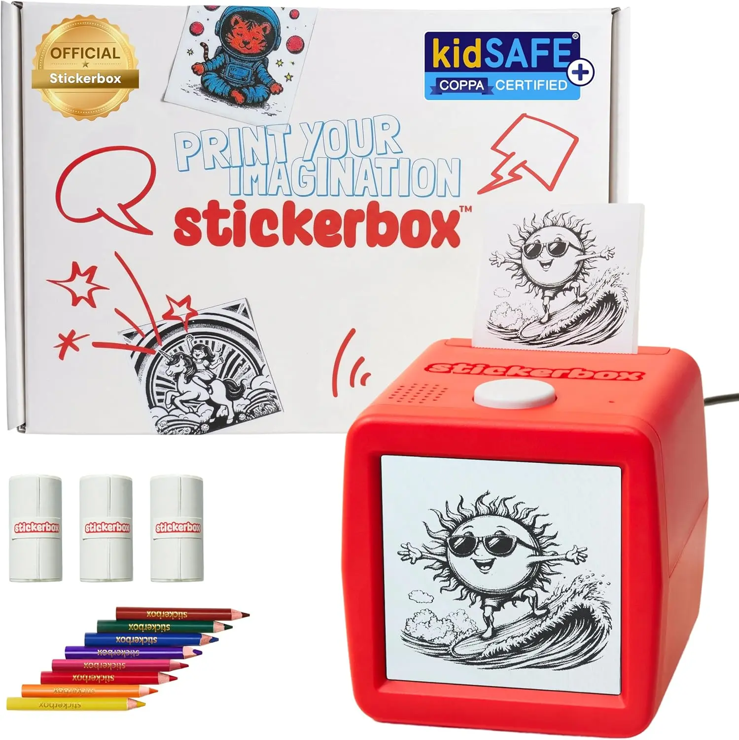 Stickerbox | AI-Powered Voice Activated Mini Sticker Printer for Kids — Mess-Free Thermal Sticker Maker - Includes 3 Paper Rolls (~ 200 stickers), 8 Colored Pencils & Power Adapter - Portable Creative Activity Gift for Kids Ages 5+ Wireless Sticker Printe