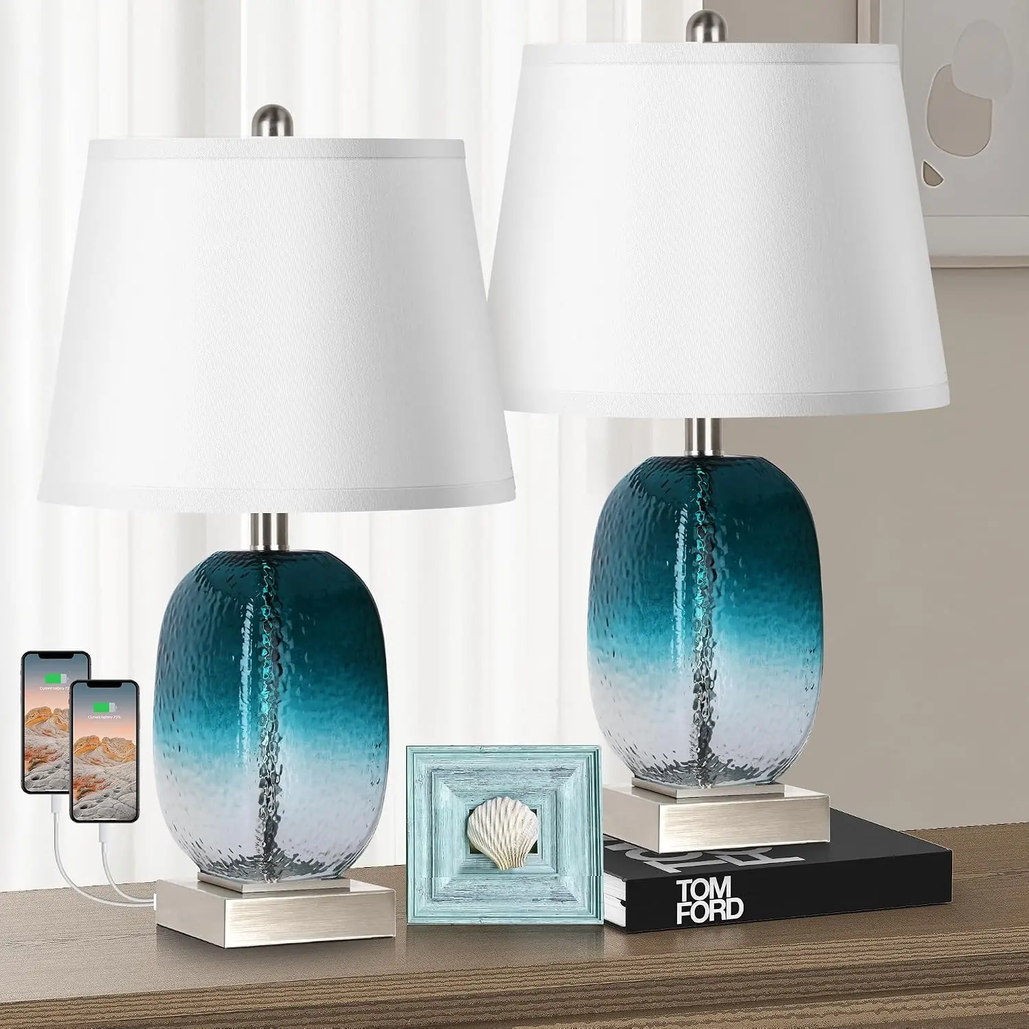 Set of 2 Table Lamps with Touch Control, Modern Coastal Teal Glass Bedside Lamp with 2 USB Ports, 3-Way Dimmable Beach Nightstand Lamps with White Fabric Shade for Living Room, Bedroom (LED Bulbs Included)