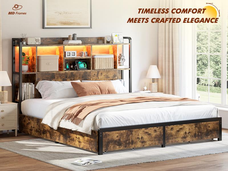 Raybee Modern Queen Bed Frame with 51" Tall Headboard, 9 Storage Compartments & 4 Drawers,  LED Platform Bed Frame with Charging Station,  Holds 1200LBS with Metal Frame  & Slats, No Noise, No Box Spring Needed,  Full, King, Black, Rustic Brown