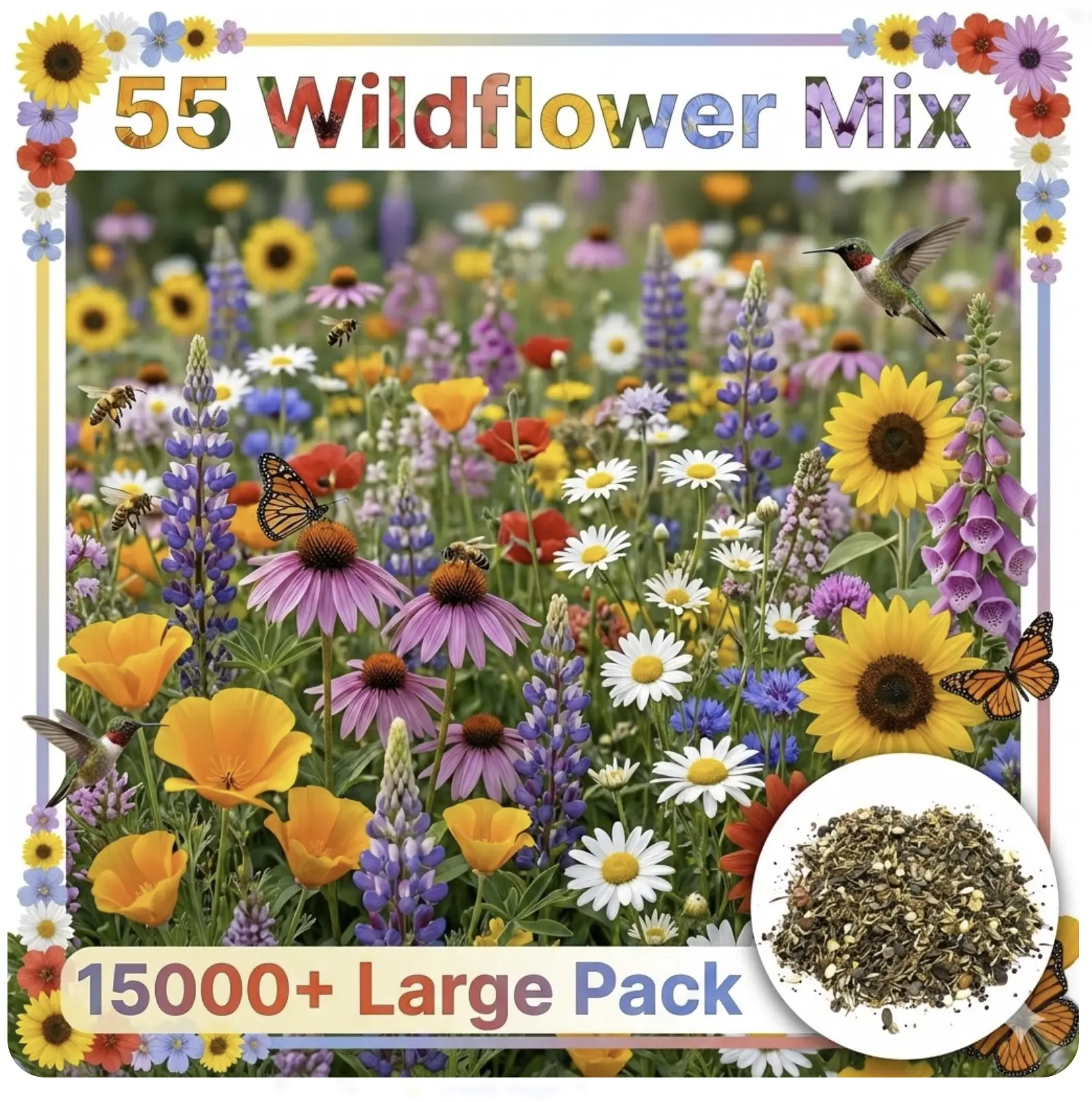 Wildflower Seeds Bulk,  15000+pcs Seeds – Save The Bees Mix with 55 Non-GMO Varieties – Bee Friendly & Pollinator Wildflower Seed for Planting