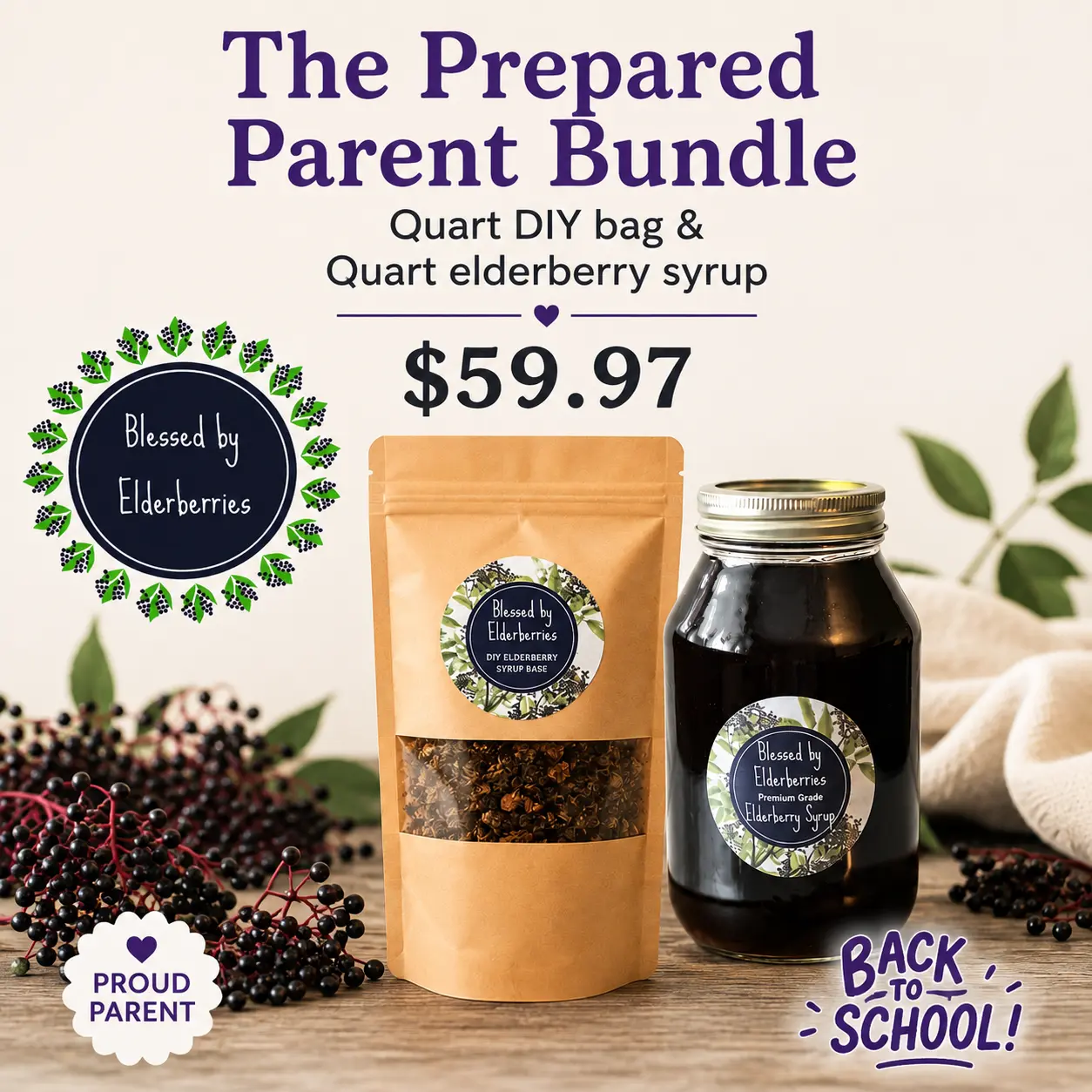 The Prepared Parent Elderberry Syrup Bundle - 32oz Elderberry Syrup and Quart DIY Elderberry Syrup bag