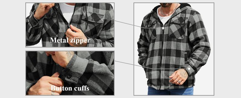 ZITY Men's Sherpa Lined Plaid hoodies Jacket – Flannel Zip Up with Chest Pockets, Warm Winter Outerwear Menswear Sweatshirts Gingham Checked
